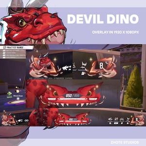 May include: A red Devil Dino overlay graphic with the text "DEVIL DINO" and "OVERLAY IN 1920 X 1080PX". The graphic includes a dinosaur head and various game interface elements, including health bars and percentages.