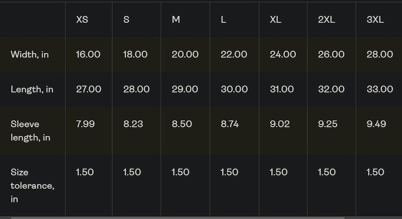Puede incluir: Una tabla de tallas de ropa, que muestra las medidas en pulgadas. La tabla incluye tallas de XS a 3XL, con medidas de ancho, largo y largo de manga. Tambi&eacute;n se indica la tolerancia de talla.