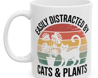 Retro Pet Cat Plant Lover Easily Distracted By Plants & Cats Coffee Mug Gift