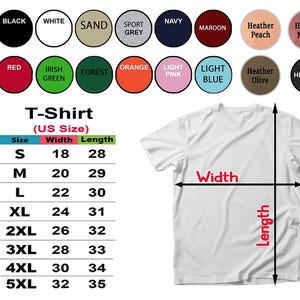 Puede incluir: Una camiseta blanca con opciones de talla y color. La imagen muestra una camiseta en blanco con medidas de ancho y largo. Las opciones de color incluyen negro, blanco, rojo, naranja y m&aacute;s. Las tallas van de la S a la 5XL, con anchos de 45,7 a 81,3 cm y largos de 71,1 a 88,9 cm.