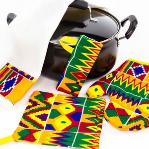 African Print Kitchen Set: Quilted Oven Mitt, Pot Holder & Towel
