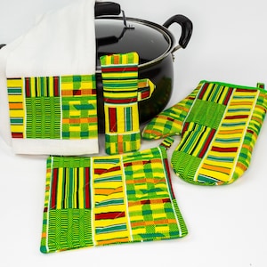 Handcrafted African Print Kitchen Set: Quilted Oven Mitt, Pot Holder