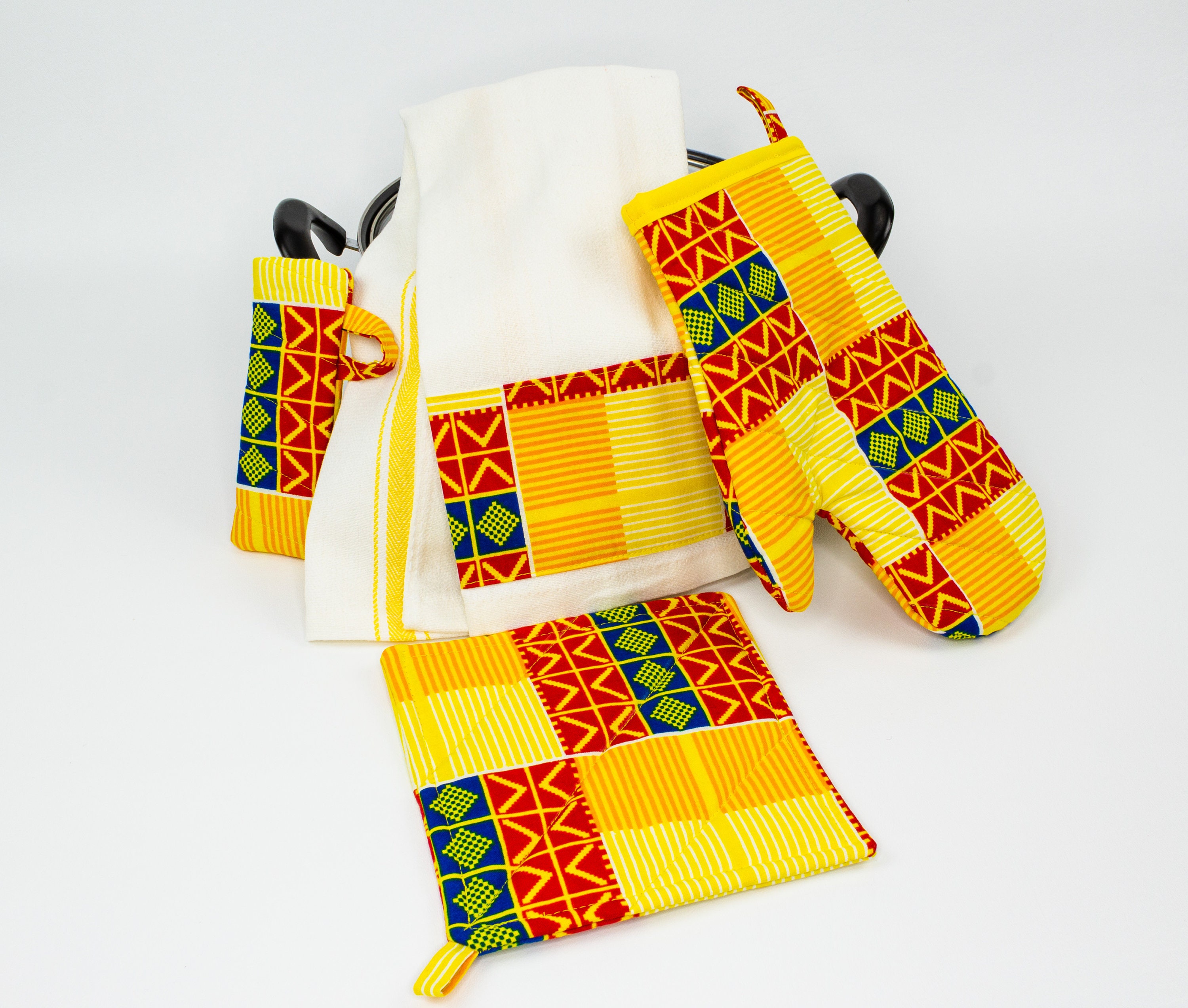 Handmade African Inspired Kitchen Set. Pot Holder, Oven Mitt, Towel and ...