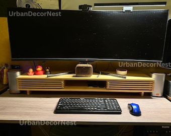 Bamboo Monitor Stand Riser: Ergonomic Desktop Organizer with Sliding Door