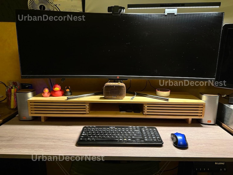 Decorative Monitor Risers Bamboo Monitor Stand Riser: Ergonomic Desktop Organizer With Sliding ...