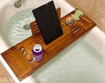 Adjustable Bamboo Bathtub Tray Caddy: Tablet Stand & Spa Organizer
