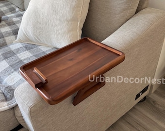 Acacia Wood Sofa Armrest Tray with Adjustable Phone Holder