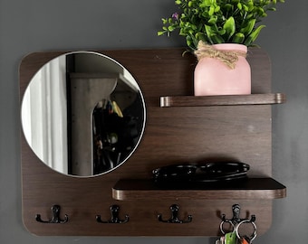 Wooden Wall Mounted Hanging Coat Rack with Mirror Shelves | Coat Rack | Key Holder | Entryway Storage | Wood Shelf | Towel Rack