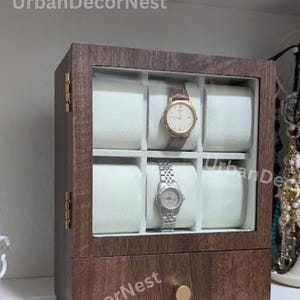 Wooden Watch Box Organizer: 6-Slot Display Case with Hidden Drawer