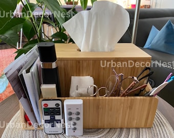 Bamboo Tissue Box Holder with Organizer: Multi-Compartment Storage