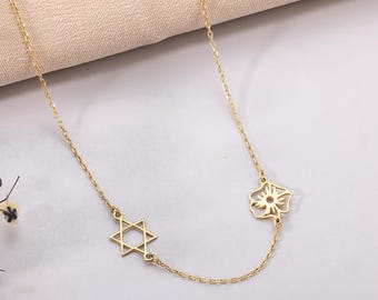 Davidstern Halskette mit Geburtsblume, Jüdischer Stern Anhänger, Silber Magen David, winziger Davidstern Halskette