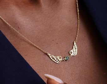 Collar de alas de plata de ley, collar de alas de ángel con piedra de nacimiento, collar de aborto espontáneo, ángel de la guarda, collar conmemorativo, regalo conmemorativo