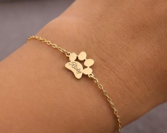 Personalized Paw Print Bracelet, Custom Pet Name Bracelet, Minimalist Dog Cat Paw Jewelry, Pet Lover Gift for Women