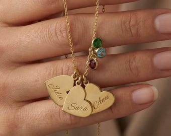 Personalisierte Name Herzen Halskette, Gravierte Mehrere Namen Halskette, Familie Birthstone Halskette, Herz Anhänger, Kinder Namen Halskette