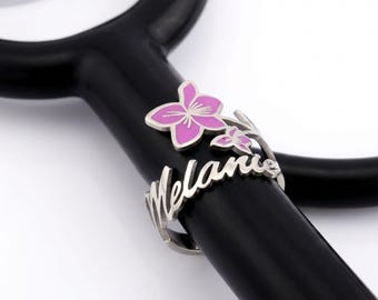 Personalized Stethoscope Birthflower Name Colorful Tag, Stethoscope Charms with ID Tag Accessories, Gift for RN RC Doctor Medical Assistant