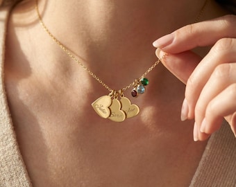 Personalisierte Name Herzen Halskette, Gravierte Mehrere Namen Halskette, Familie Birthstone Halskette, Herz Anhänger, Kinder Namen Halskette