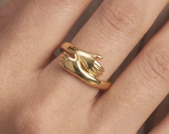 Anillo de plata de ley grabado con forma de abrazo: ajustable, ideal para abrazar las manos, regalo de amor o regalo de Navidad.