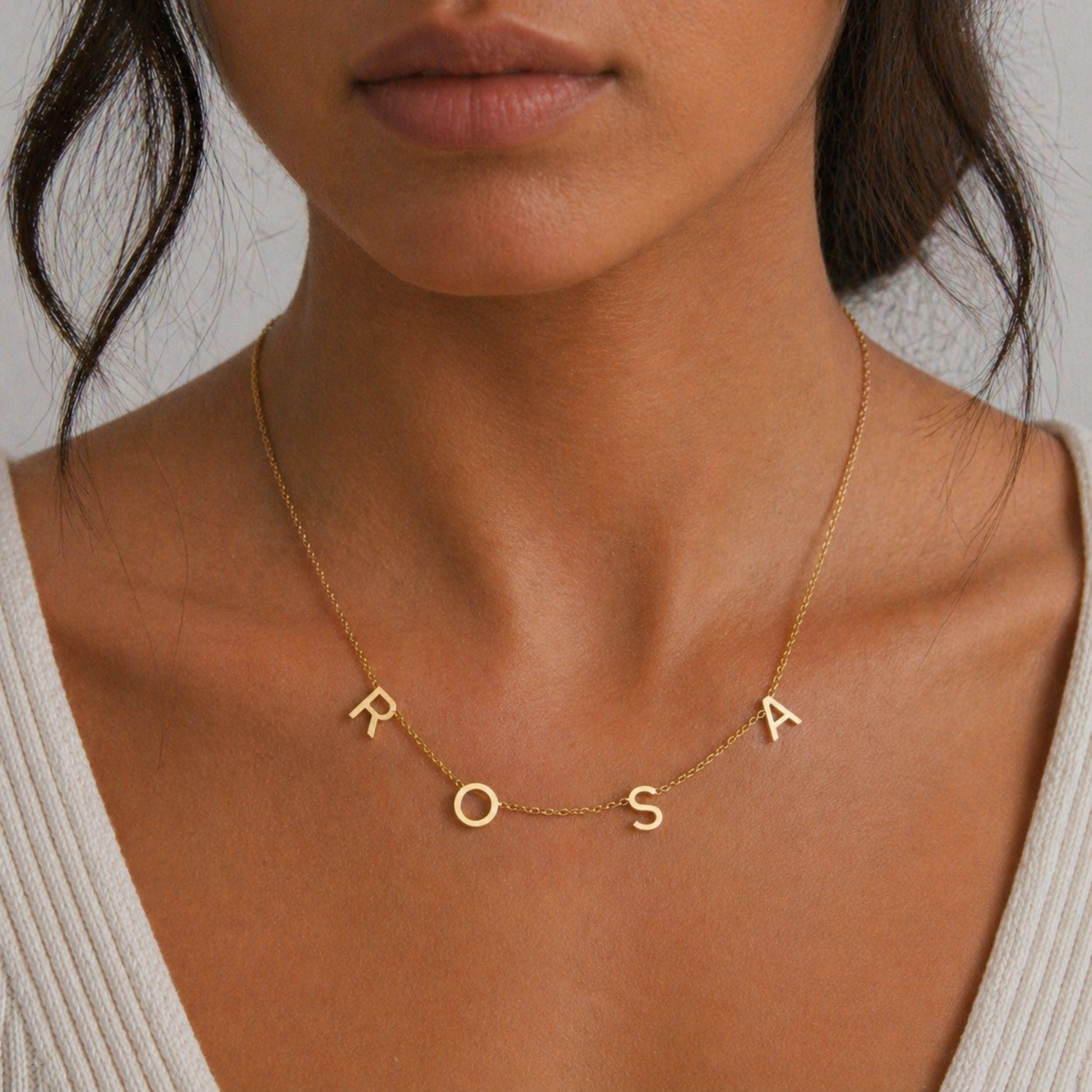 Personalized 14K Gold Letter Name Necklace, Custom Initial Name Jewelry, Monogram Spaced Letter Necklace, Gift For Her, Gift For Mom
