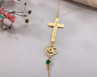 Personalized Cross Necklace with Bible Verse and Birthstones, Custom Christian Jewelry with Birtflower, Christian Jewelry Gift,Cross Pendant