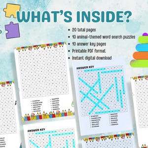 Animal Theme Printable Word Search Book I Word Search Book for Kids-Teens I Fun Educational Activity Book I Instant Download