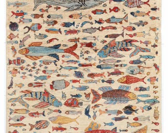 6x9 ft Fish Beige Area Rug, Hand Knotted Rug, home & Livingroom Rug, Bedroom Rug, Veg Dyes wool, Oriental Tribal Afghan Rug, Afghan Carpet,