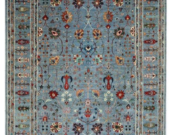 Alfombra de área floral gris de 9 x 12 pies, alfombra afgana anudada a mano, alfombra para sala de estar, lana teñida con tintes vegetales, alfombra tribal oriental tradicional,
