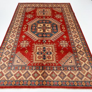 7x9 Kazak Geometric Red Area Rug, Afghan Hand Knotted Rug, Rug for Livingroom, Bedroom Rug, Dining Table Rug, Oriental Wool Rug, 6&#39;10x9&#39;4