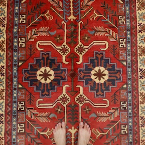 5x7 Kazak Red Area Rug, Hand Knotted Rug, Rug for Livingroom, Bedroom Rug, Dining Table Rug, Afghan oriental Tribal Rug, kids room Rug,