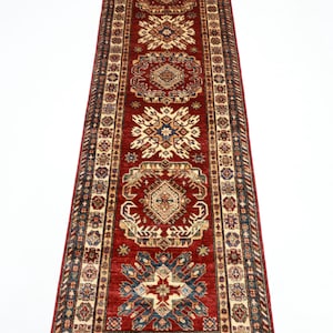 9 ft Traditional Kazak Red Runner Rug, Afghan Hand Knotted Veg Dye Wool Rug, Bedroom Rug, Home hallway Rug, Tribal Oriental Rug 2&#39;8x8&#39;8