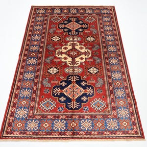 4x6 Kazak Geometric Red Area Rug, Hand Knotted veg Dyes Wool Rug, Kids Room Rug for Livingroom, Bedroom Rug, Afghan Rug, Oriental Tribal Rug