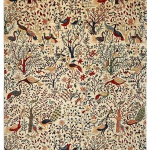 8 x 10フィートのアフガン手織りベジタブルダイウールラグ、鳥の絵柄ベージュ