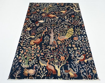 Alfombra afgana de lana anudada a mano: 1,5 x 2,1 m, diseño de pájaros azul marino