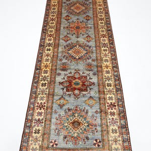 9 ft Kazak Gray Traditional Runner Rug, Afghan Hand Knotted Veg Dye Wool Rug, Bedroom Rug, Home hallway Rug, Tribal Oriental Rug 2&#39;9x8&#39;11