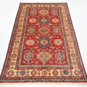 5x7 kazak Red Area Rug, Hand Knotted Rug, Rug for Livingroom, Bedroom Rug, Veg Dyes wool, Geometric Rug, Afghan Tribal Rug, Oriental Rug