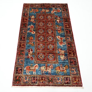 Hand Knotted Afghan Wool Rug, Pazyryk Animal Accent Rug, 2'8x4'4 ft