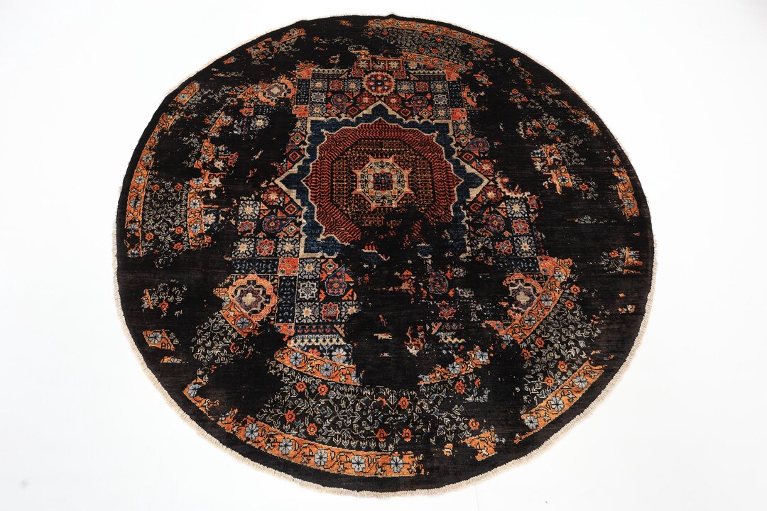 7x7 Mamluk Abstract Black Round Area Rug, Afghan Hand Knotted Rug, Home ...