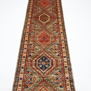 10 ft Traditional Kazak Gray Runner Rug, Afghan Hand Knotted Veg Dye Wool Rug, Bedroom Rug, hallway Rug, Tribal Oriental Rug 2&#39;9x9&#39;9