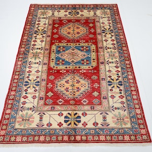 5x7 Kazak Red Area Rug, Afghan Hand Knotted Rug, Rug for Livingroom, Bedroom Rug, Veg Dyes wool, Oriental Tribal Rug, Geometric Rug, 4&#39;9x6&#39;5