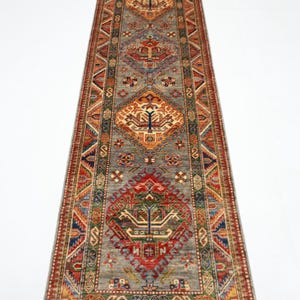 10 ft Kazak Gray Runner Rug, Afghan Hand Knotted Veg Dye Wool Rug, Bedroom Rug, hallway Home Entry Rug, Tribal Oriental Rug 2&#39;8x9&#39;8