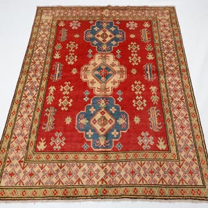 5x6 Kazak Tribal Red Area Rug, Hand Knotted Wool Rug, Rug for Livingroom, Bedroom Rug,  Dining Table Rug, Afghan Rug, Office Rug