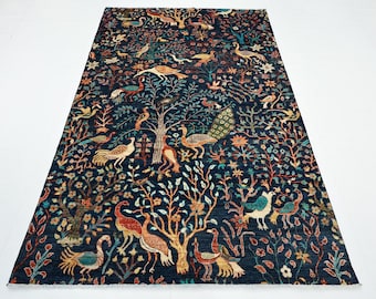 Hand Knotted Afghan Wool Rug, Birds Pictorial Design, 5'6x7'11