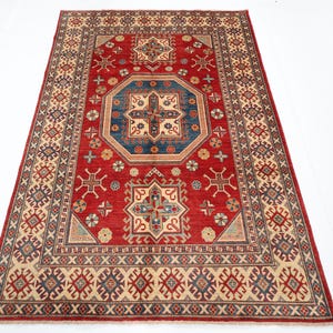 6x8 Kazak Red Color Area Rug, Hand Knotted Rug, Rug for Livingroom, Bedroom Rug, Natural Veg Dyes wool, Dining Table Rug, Afghan Tribal Rug,