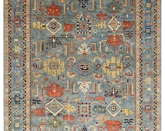 Alfombra gris Serapi de 2,7 x 3,6 m, alfombra afgana anudada a mano, alfombra para sala de estar, alfombra hecha a mano, lana teñida con vegetales, alfombra tradicional oriental tribal.