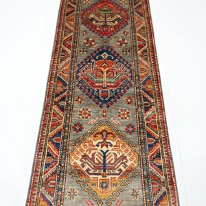 8 ft Kazak Gray Runner Rug, Afghan Hand Knotted Veg Dye Wool Rug, Bedroom Rug, Home hallway Rug, office Rug, Tribal Oriental Rug 2&#39;7x7&#39;7