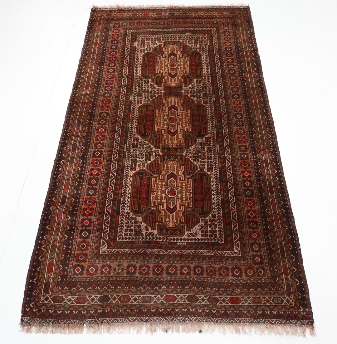 Vintage tribal rug 約80cm×80cmウール トライバル 4x6 Tribal Brown 80s Vintage Area Rug, Afghan Hand Knotted Wool