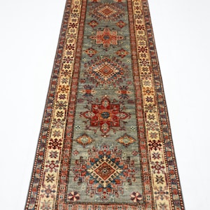 9 ft Kazak Gray Traditional Runner Rug, Afghan Hand Knotted Veg Dye Wool Rug, Bedroom Rug, Home hallway Rug, Tribal Oriental Rug 2&#39;9x8&#39;10