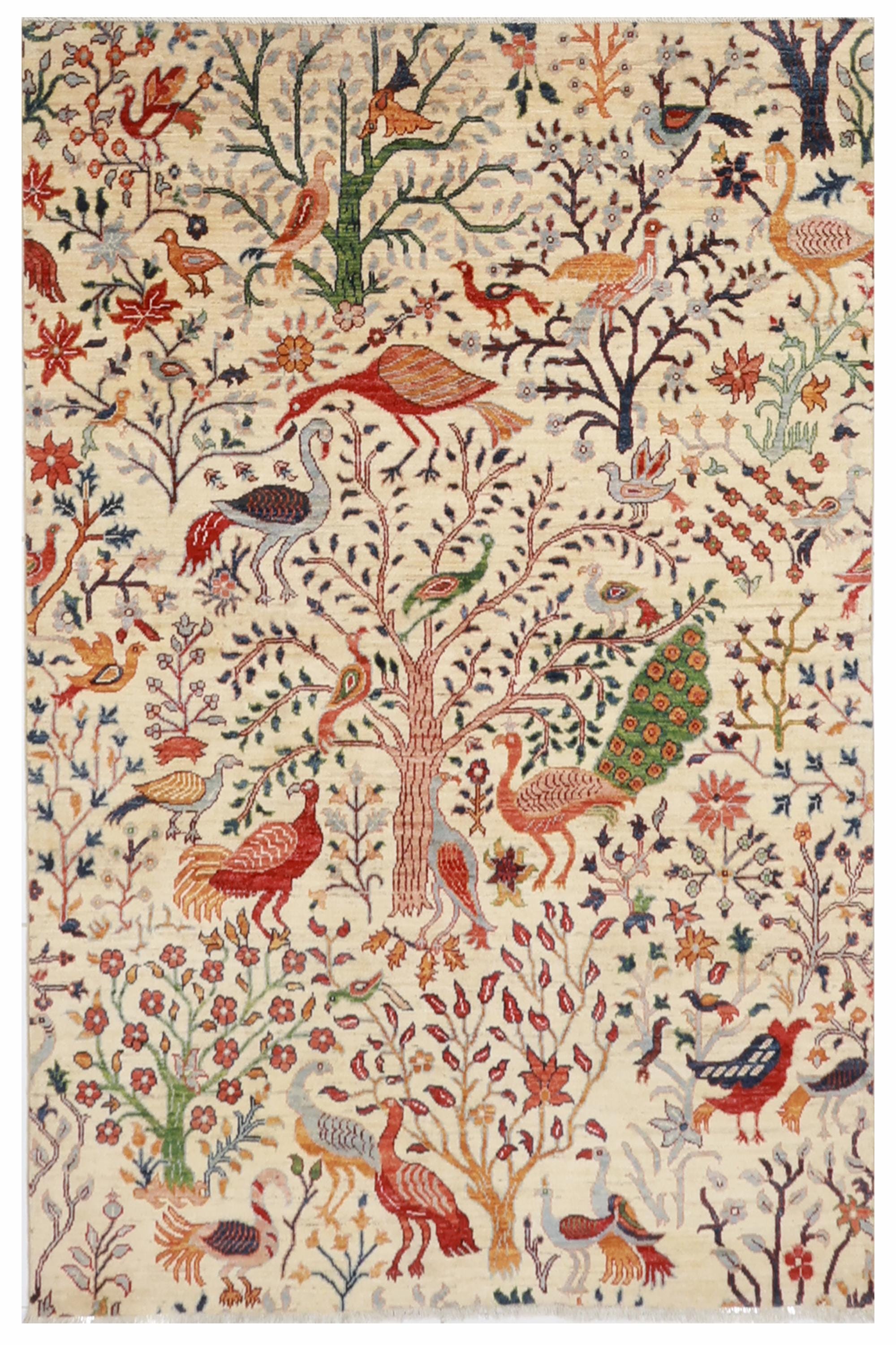 木と鳥のデザイン ラグ 5 x 7フィートの鳥の絵柄ベージュエリアラグ、手織りラグ、リビング