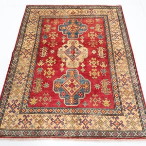5x6 Kazak Red Area Rug, Hand Knotted Rug, Rug for Livingroom, Bedroom Rug, Veg Dyes wool, Dining Table Rug, Afghan Tribal Rug, Kids Room Rug