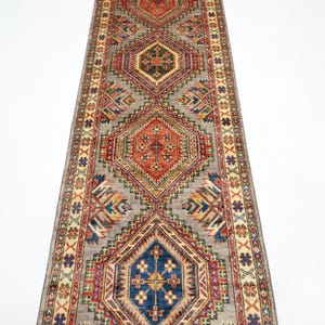 8 ft Traditional Kazak Gray Runner Rug, Afghan Hand Knotted Veg Dye Wool Rug, Bedroom Rug, Home hallway Rug, Tribal Oriental Rug 2&#39;5x8