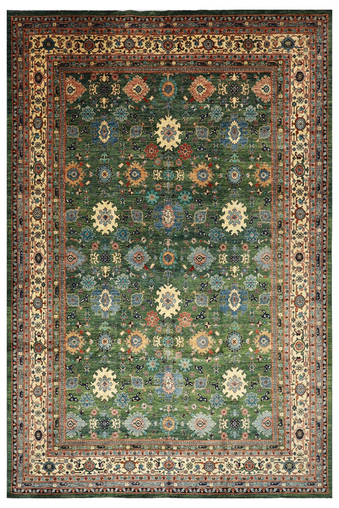 10x14 Hand Knotted Afghan Veg Dye Wool Rug, Green Floral Oriental ...